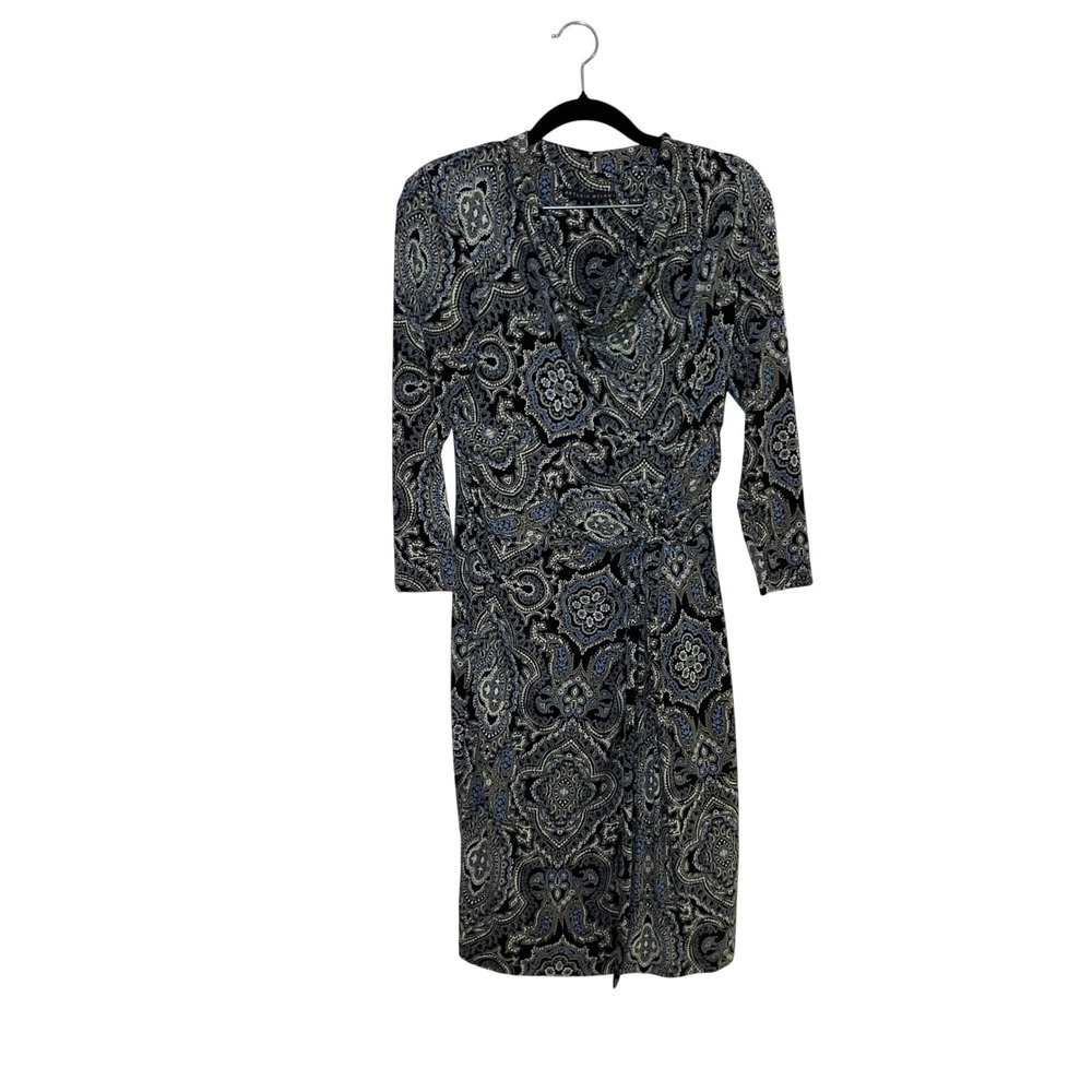 Antonio Melani Sheath Dress Women Small Blue Paisley Boho Cowl Neck Knot